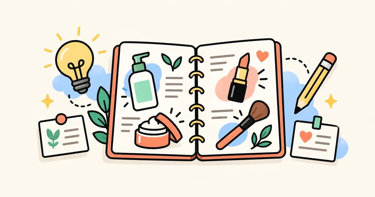 Beauty products and idea cards surround an editorial notebook