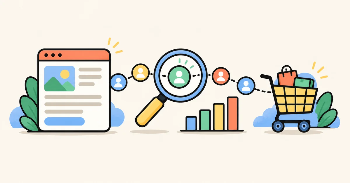 Blog readership connects to a shopping cart and analytics symbols