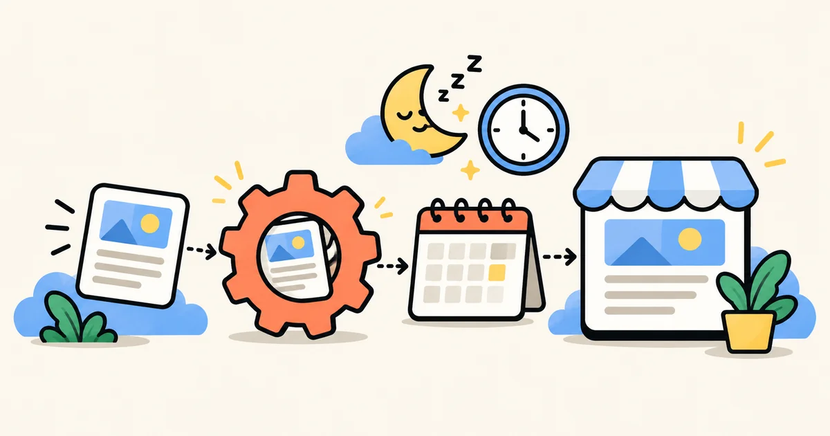 A gear and calendar schedule blog articles beside a moon
