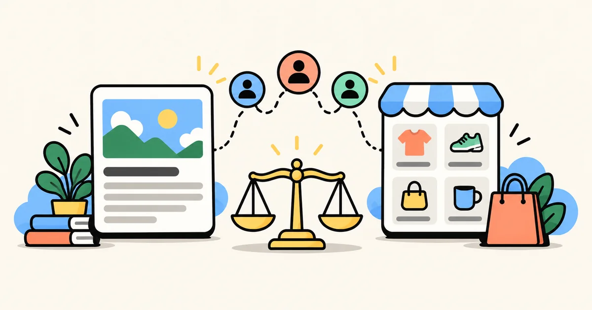 An article and product collection are compared on a balanced scale