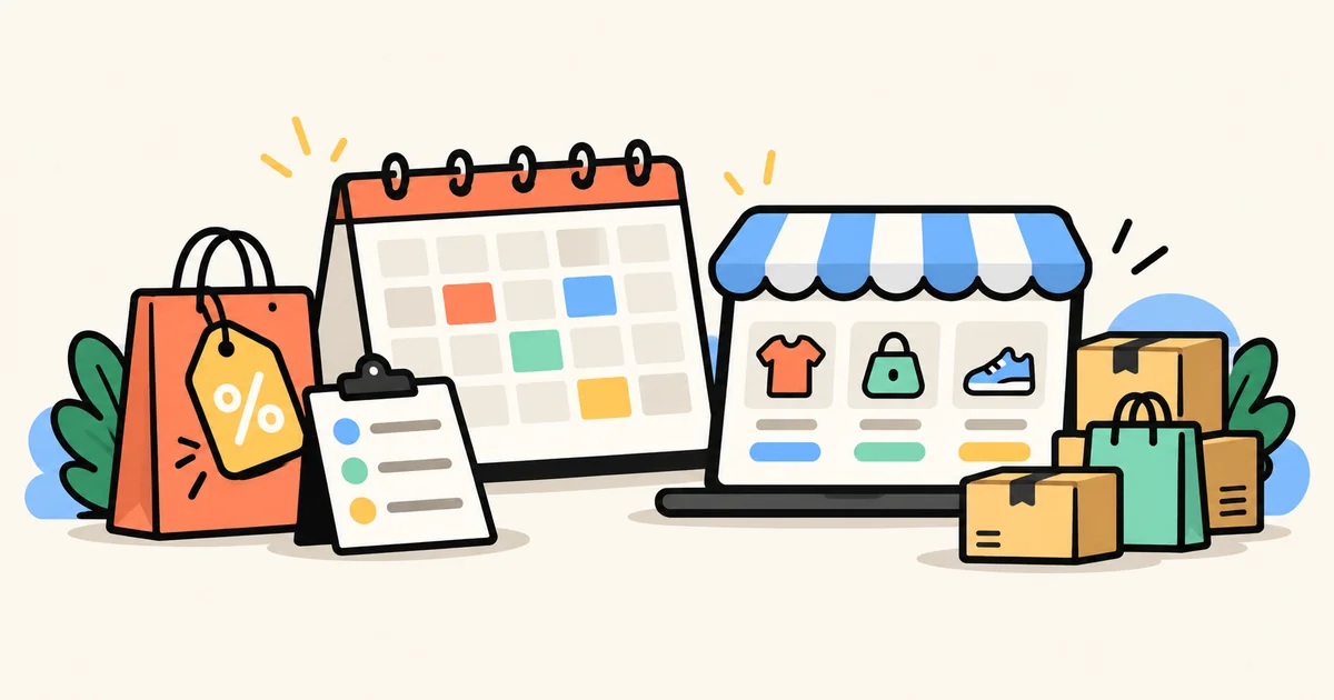 A store, calendar, discount tag and parcels form a sale campaign