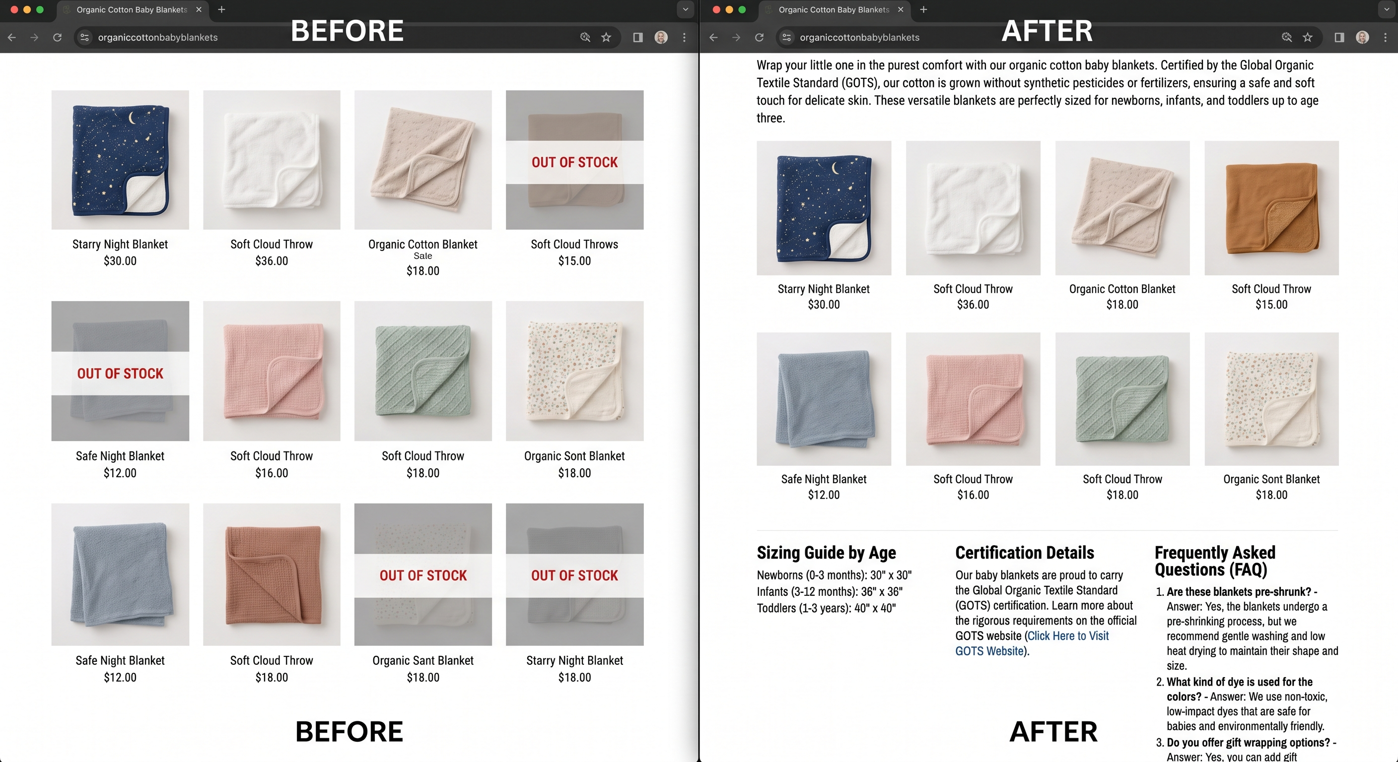 Before and after of a thin category page